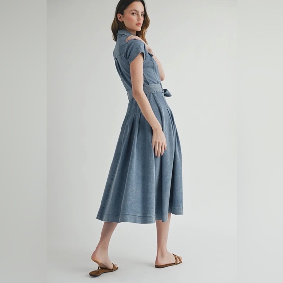 A293. Denim Button-Down Shirt Dress with Belted Waist - Picture 5 of 12
